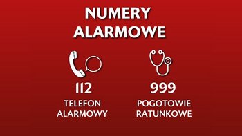 Grafika: wypisane numery alarmowe 112, 999, 22 474 00 00 oraz ikona do aplikacji mobilnej Alarm112. Całość na czerwonym tle, przy każdym z numerów/apce są symbole