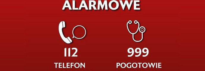 Grafika: wypisane numery alarmowe 112, 999, 22 474 00 00 oraz ikona do aplikacji mobilnej Alarm112. Całość na czerwonym tle, przy każdym z numerów/apce są symbole