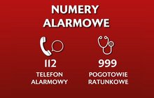 Grafika: wypisane numery alarmowe 112, 999, 22 474 00 00 oraz ikona do aplikacji mobilnej Alarm112. Całość na czerwonym tle, przy każdym z numerów/apce są symbole