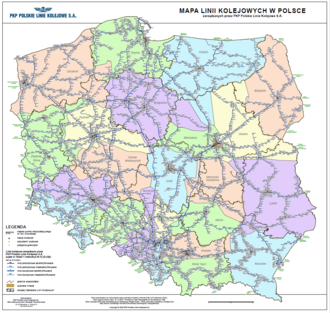Mapa linii kolejowych w Polsce zarządzanych przez PKP Polskie Linie Kolejowe S.A.