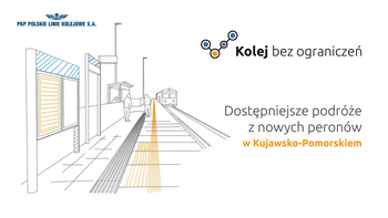 Plansza z grafiką peronu, napis: Kolej bez ograniczeń, Dostępniejsze podróże z nowych peronów w Kujawsko-Pomorskim 