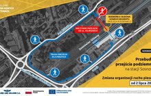 Schemat przedstawia przebudowę przejścia podziemnego na stacji Sosnowiec. Zmiany w organizacji ruchu pieszego od 2 lipca br.