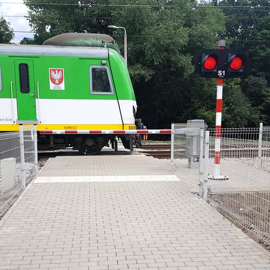 Pociąg jedzie przez przejazd prowadzący do Rezerwatu Olszynka Grochowska, fot. K. Mazurek