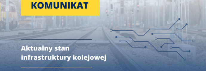 Grafika ilustrująca informacje o zmianach w ruchu pociągów, spowodowane powodziami. Na tle, będącym delikatnym zarysem toru kolejowego, po lewej stronie znajduje się żółty prostokąt z granatowym napisem „Komunikat”. Pod tekstem znajduje się mniejszy, w białym kolorze: „Aktualny stan infrastruktury kolejowej”. Z prawej strony grafiki logo PLK SA oraz schemat węzła kolejowego.