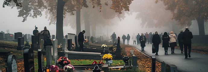 Cmentarz w jesiennej aurze, ludzie podążający alejką.