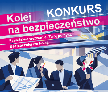 Baner konkursu „Kolej na bezpieczeństwo” przedstawiający osoby analizujące projekty związane z bezpieczeństwem kolei.