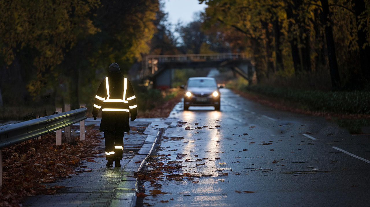 Osoba idąca na poboczu w stroju z odblaskami. Jadący samochód w jesienne aurze.